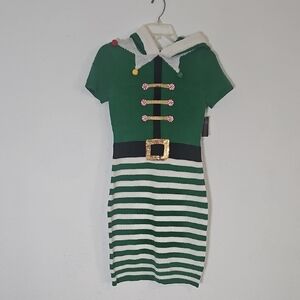 Ugly CHRISTMAS No Boundaries Holiday Green and White Striped Elf Dress Sz XS (1)